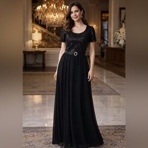 Black Formal Dress with Sequin Top & Chiffon Skirt size 4p